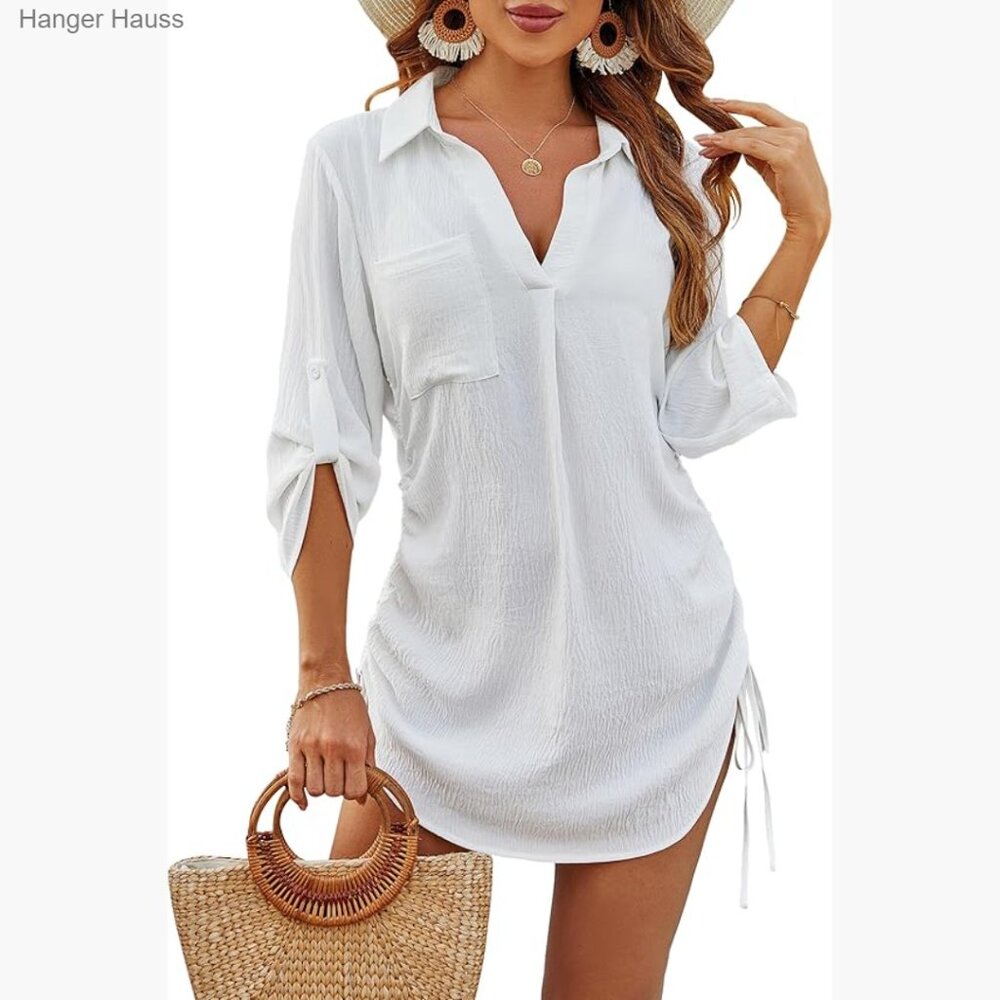 Lightweight Polyester Beach Cover Up Dress with Drawstring Size Medium